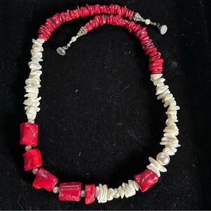 Chucky Statement Necklace 26” Long Red Coral Shells Pearls Magnetic‎ Clasp